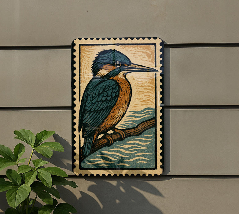 a framed illustration of a colorful bird perched on a branch, set against a textured background.