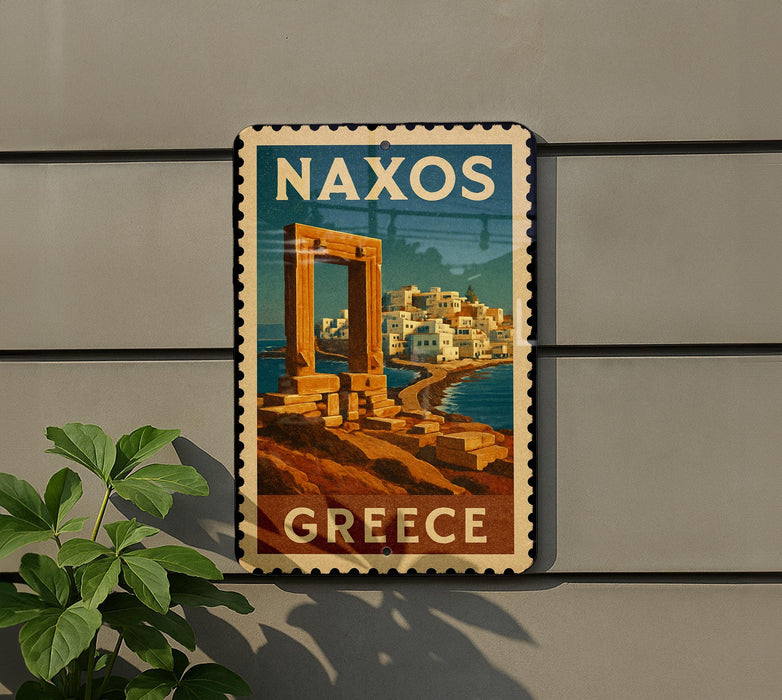 A vintage-style postage stamp depicting the ancient Greek island of Naxos, with a coastal cityscape in the background.