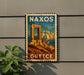 A vintage-style postage stamp depicting the ancient Greek island of Naxos, with a coastal cityscape in the background.