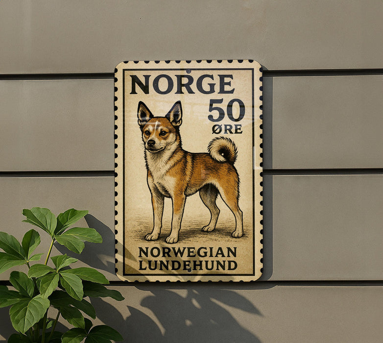 A wooden sign with a picture of a dog, mounted on a wall.