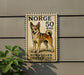 A wooden sign with a picture of a dog, mounted on a wall.