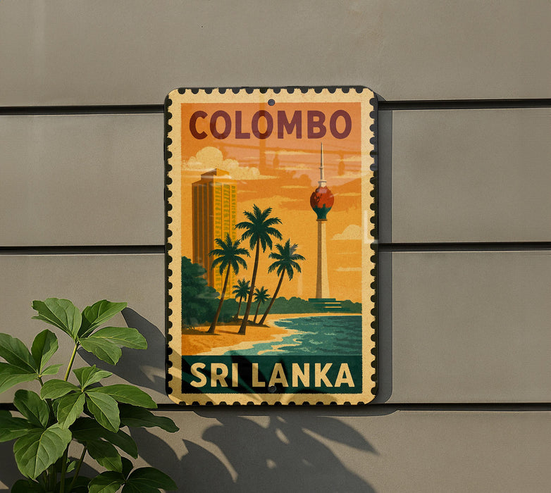 A vintage-style stamp depicting a tropical beach scene with palm trees, a tower, and a body of water, with the text "COLOMBO" and "SRI LANKA" printed on it.