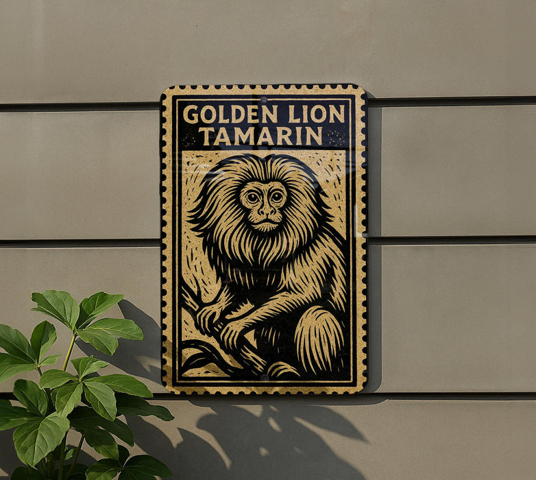a large, detailed illustration of a golden lion, which is a type of primate, mounted on a wall.