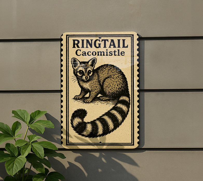 a sign with a raccoon illustration, mounted on a wall next to a plant.
