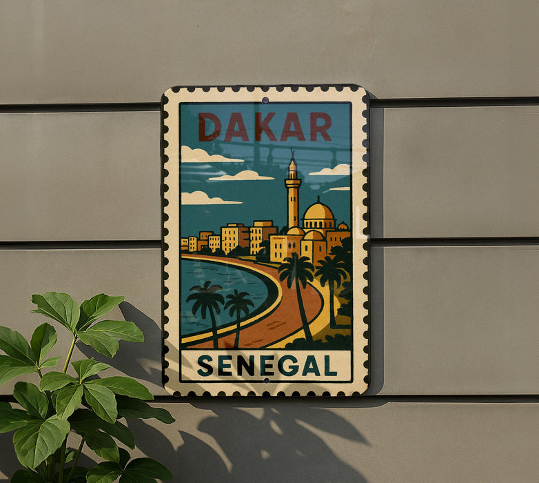 A vintage postage stamp depicting Dakar, Senegal, with a cityscape and palm trees.