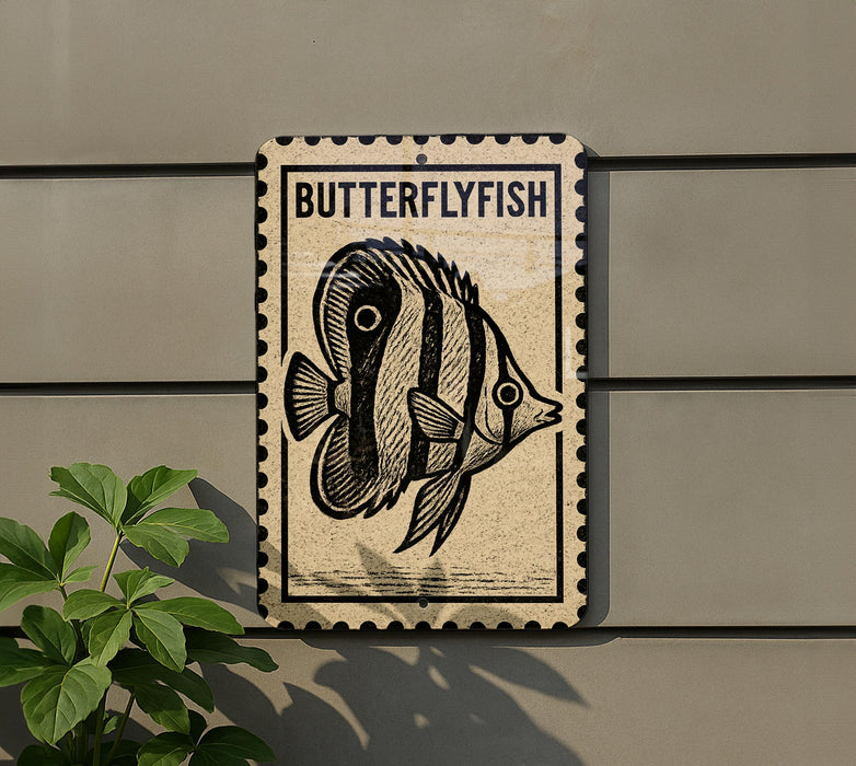 a sign with a picture of a butterflyfish on it, mounted on a wall.