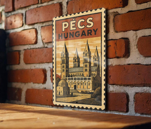A vintage-style poster of the Pecs Cathedral in Hungary, featuring a castle-like structure with multiple towers and spires, is displayed on a brick wall.