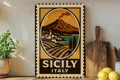 A vintage-style metal sign with a landscape depicting a village and a mountain, along with the text "SICILY ITALY". The sign is displayed on a shelf next to a wooden cutting board and a potted plant.