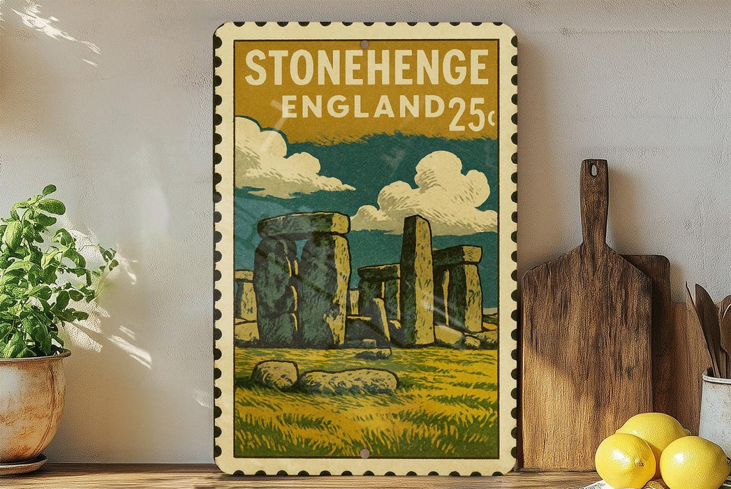 A vintage-style poster of Stonehenge, a famous landmark in England, is displayed on a wall next to a wooden cutting board and some potted plants.