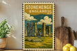 A vintage-style poster of Stonehenge, a famous landmark in England, is displayed on a wall next to a wooden cutting board and some potted plants.