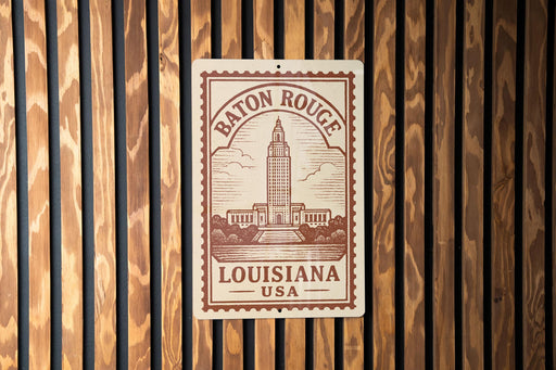 A metal sign with the text "Baton Rouge, Louisiana, USA" printed on it, mounted on a wooden wall.