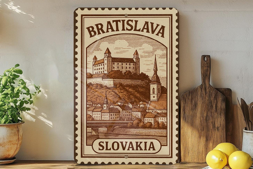A vintage-style stamp or sign depicting the Bratislava Castle in Slovakia, with a wooden cutting board and a potted plant in the foreground.