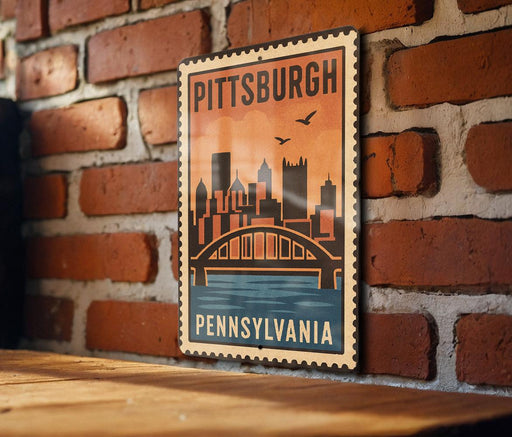 A vintage-style metal sign with the text "PITTSBURGH PENNSYLVANIA" and an illustration of a city skyline with a bridge.