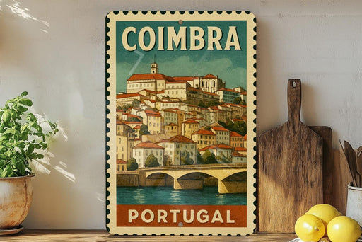 a vintage-style metal sign with a colorful illustration of a town, a bridge, and water, along with the text "COIMBRA PORTUGAL".