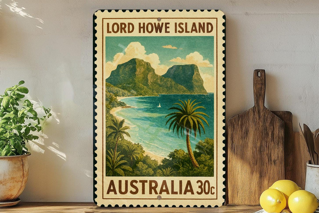 A vintage-style stamp depicting Lord Howe Island, Australia, with a tropical beach scene and palm trees.