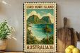A vintage-style stamp depicting Lord Howe Island, Australia, with a tropical beach scene and palm trees.