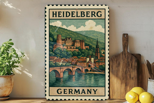 A vintage-style metal sign depicting the Heidelberg Castle in Germany, with a castle and bridge in the background.
