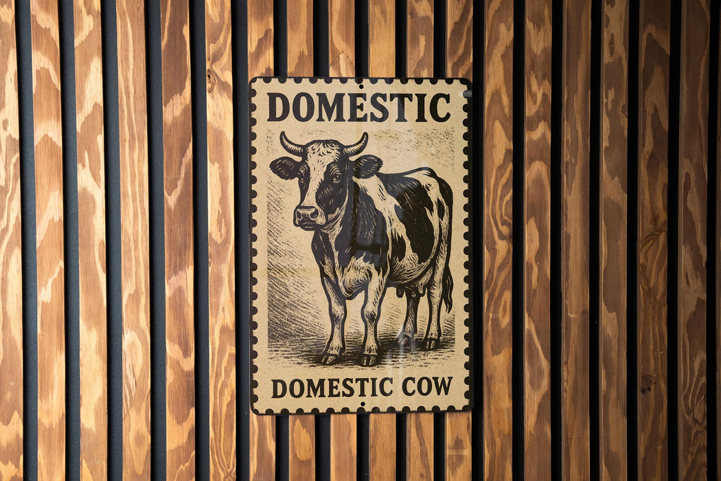 a sign that reads "Domestic Cow" with a cow illustration on it, mounted on a wooden wall.