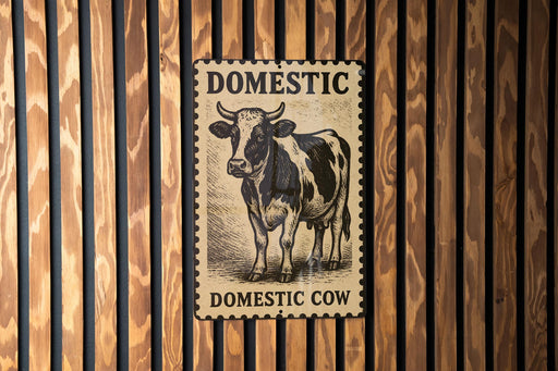 a sign that reads "Domestic Cow" with a cow illustration on it, mounted on a wooden wall.
