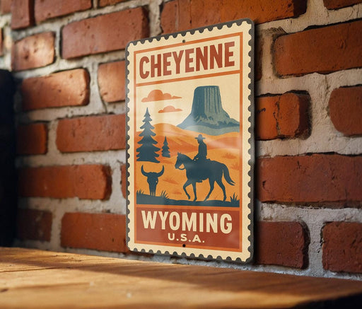 A vintage-style metal sign with a cowboy silhouette and a mountain landscape, mounted on a brick wall.