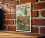 A vintage postage stamp depicting a castle and village in Czech Republic, hanging on a brick wall.