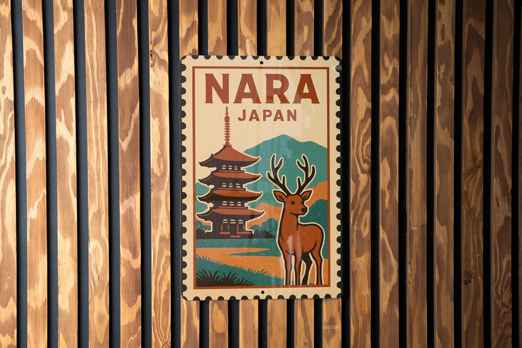 A vintage-style postage stamp depicting a pagoda and a deer, with the text "NARA JAPAN" prominently displayed.
