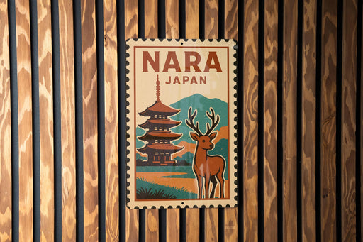 A vintage-style postage stamp depicting a pagoda and a deer, with the text "NARA JAPAN" prominently displayed.