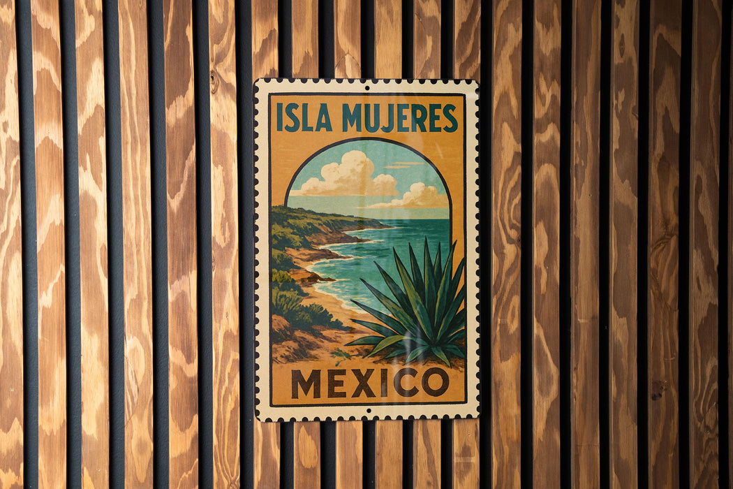 A vintage-style travel poster for the island of Isla Mujeres, Mexico, featuring a scenic landscape with a desert and ocean.