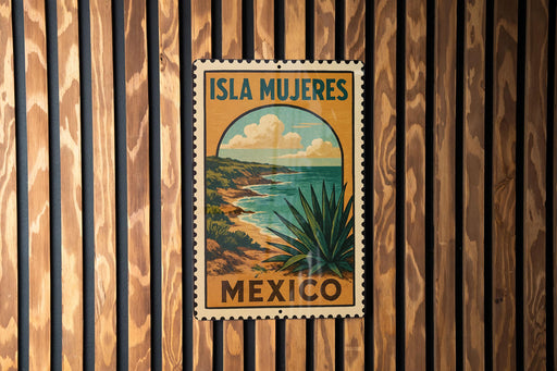 A vintage-style travel poster for the island of Isla Mujeres, Mexico, featuring a scenic landscape with a desert and ocean.