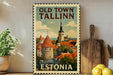 a vintage-style poster of Tallinn, the capital city of Estonia, displayed on a wall.