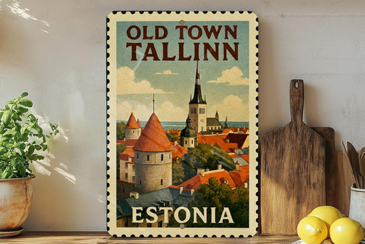 a vintage-style poster of Tallinn, the capital city of Estonia, displayed on a wall.