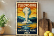 A vintage-style postage stamp featuring a scenic illustration of Yellowstone National Park in the United States.