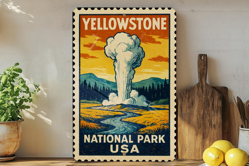 A vintage-style postage stamp featuring a scenic illustration of Yellowstone National Park in the United States.