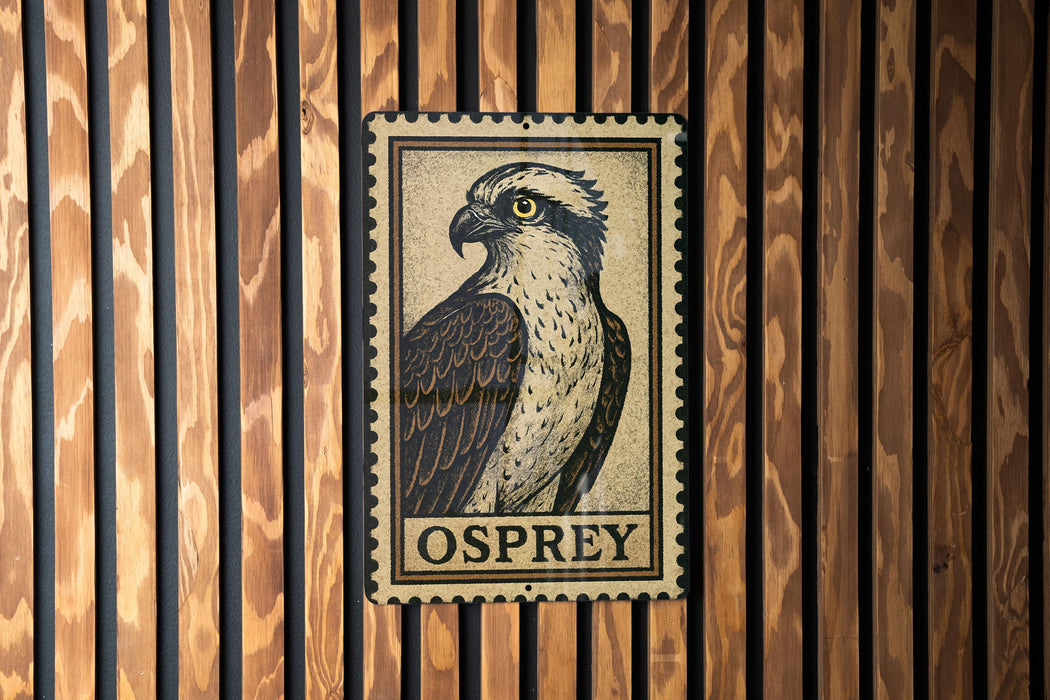 a metal sign with an illustration of an Osprey, a bird of prey, mounted on a wooden wall.