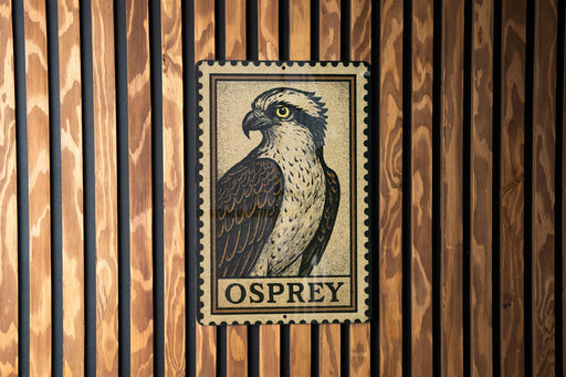 a metal sign with an illustration of an Osprey, a bird of prey, mounted on a wooden wall.