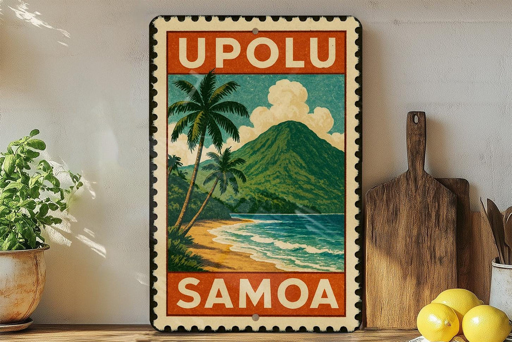 A vintage-style metal sign with the text "UPOLU SAMOA" displayed prominently, depicting a tropical beach scene with palm trees and a mountain in the background.