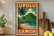 A vintage-style metal sign with the text "UPOLU SAMOA" displayed prominently, depicting a tropical beach scene with palm trees and a mountain in the background.