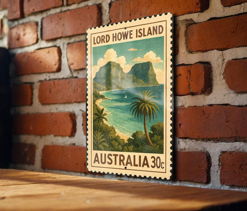 A vintage-style stamp depicting Lord Howe Island, Australia, with a tropical beach scene and palm trees.