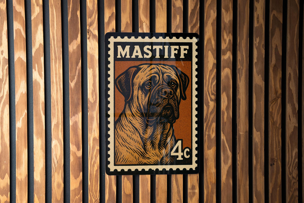 A stamp-like image of a mastiff dog, with the text "MASTIFF" prominently displayed.