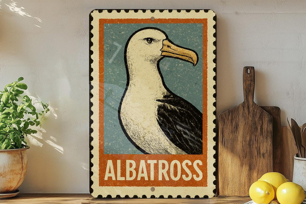a vintage-style metal sign with a seagull illustration, placed on a wooden surface next to a wooden cutting board and some lemons.