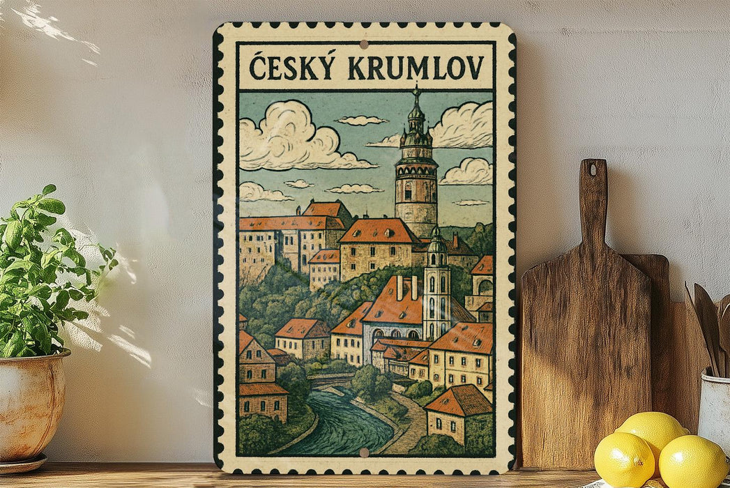 a vintage-style metal sign with a colorful illustration of a town, placed on a wooden surface next to a wooden cutting board and some potted plants.