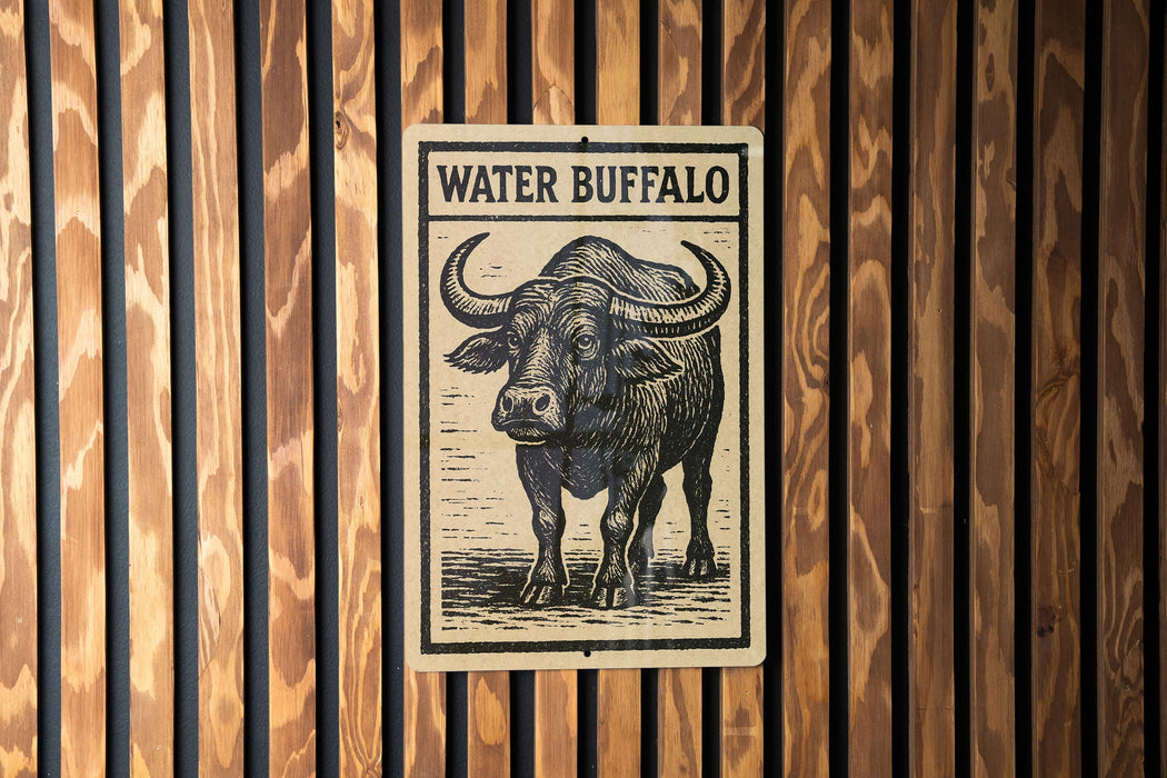 a sign with the word "Water Buffalo" on it, mounted on a wooden wall.