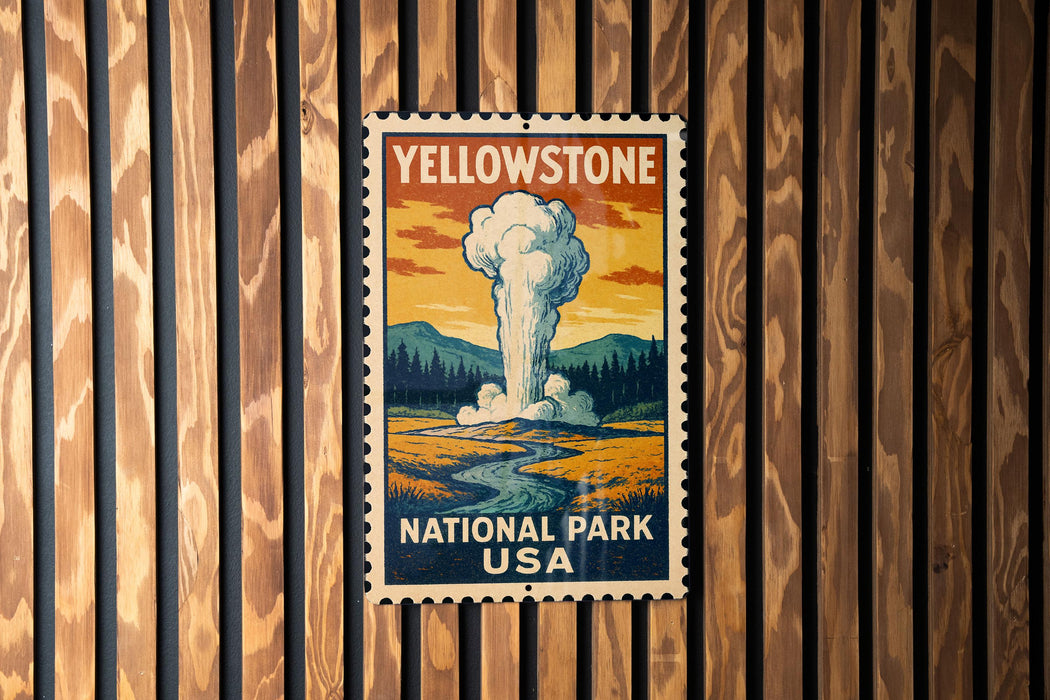 A vintage-style postage stamp featuring an illustration of a steam explosion in Yellowstone National Park, USA.