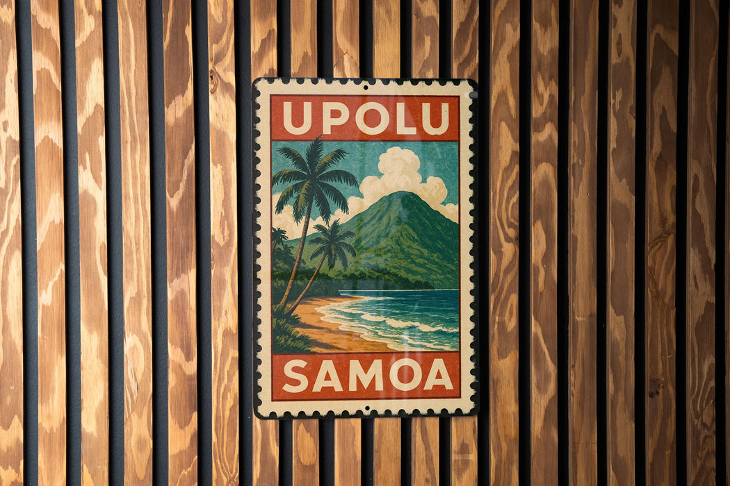 A vintage-style metal sign with the text "UPOLU SAMOA" displayed prominently, featuring a tropical beach scene with palm trees and a mountain in the background.