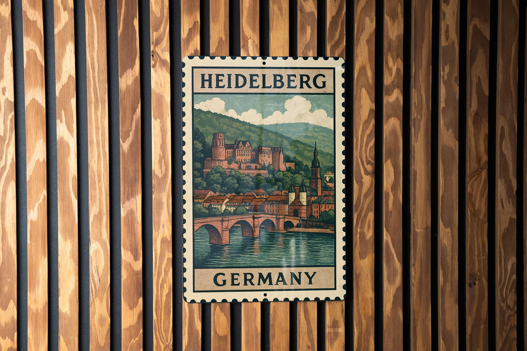 A vintage-style postage stamp from Heidelberg, Germany, featuring a castle and bridge in the background, mounted on a wooden wall.