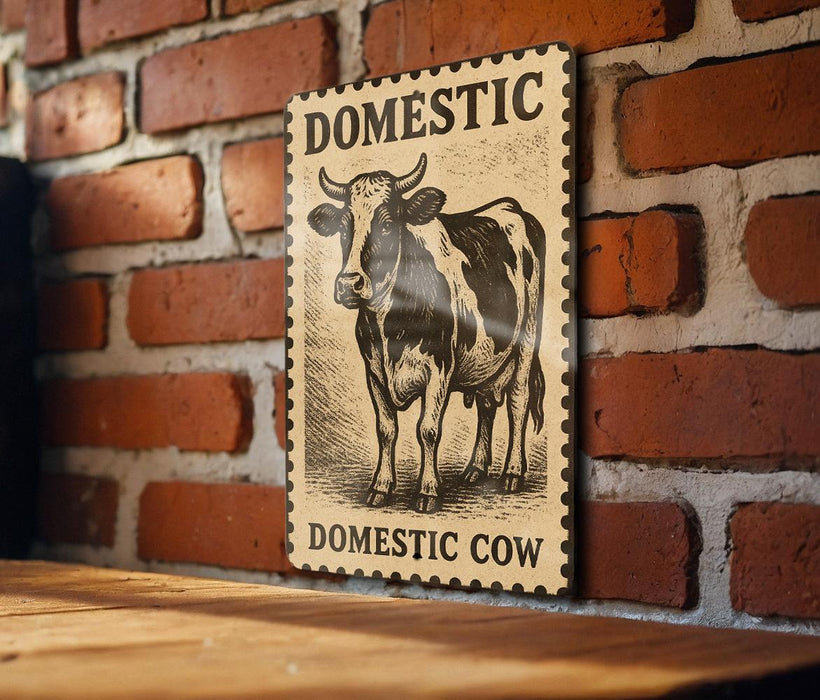 a vintage-style sign with a cow illustration, mounted on a brick wall.
