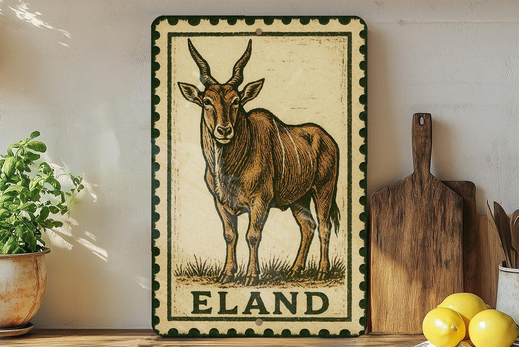 a decorative sign with an illustration of a brown antelope, which is labeled "ELAND". The sign is placed on a shelf next to a wooden cutting board and a potted plant.