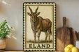 a decorative sign with an illustration of a brown antelope, which is labeled "ELAND". The sign is placed on a shelf next to a wooden cutting board and a potted plant.