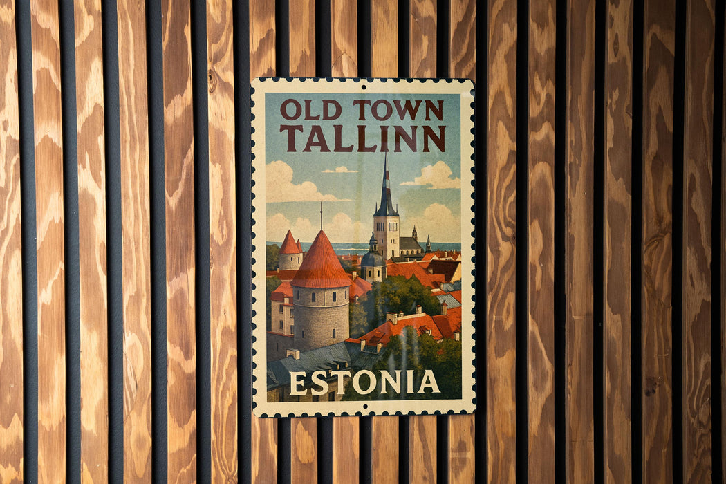 A vintage-style postage stamp from Tallinn, Estonia, featuring a cityscape with a church spire and other buildings.