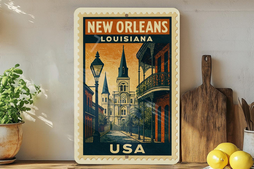 A vintage-style metal stamp depicting the New Orleans skyline, with the text "NEW ORLEANS LOUISIANA USA" prominently displayed.